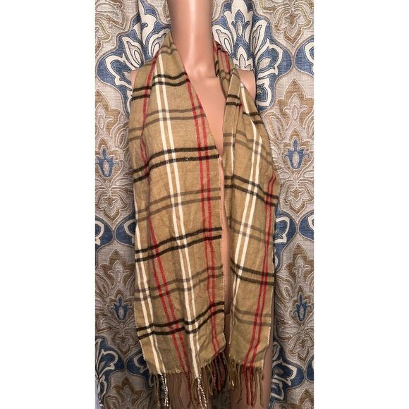 Cejon Camel Red Plaid Fringe Italian Scarf Good Condition - Picture 2 of 3